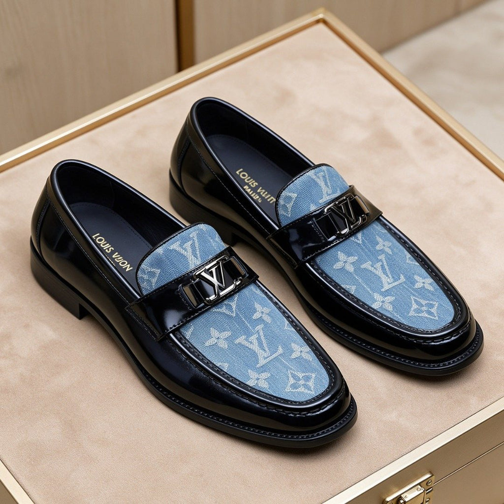 Louis Vuitton Black Loafers with Blue Patterned Vamps